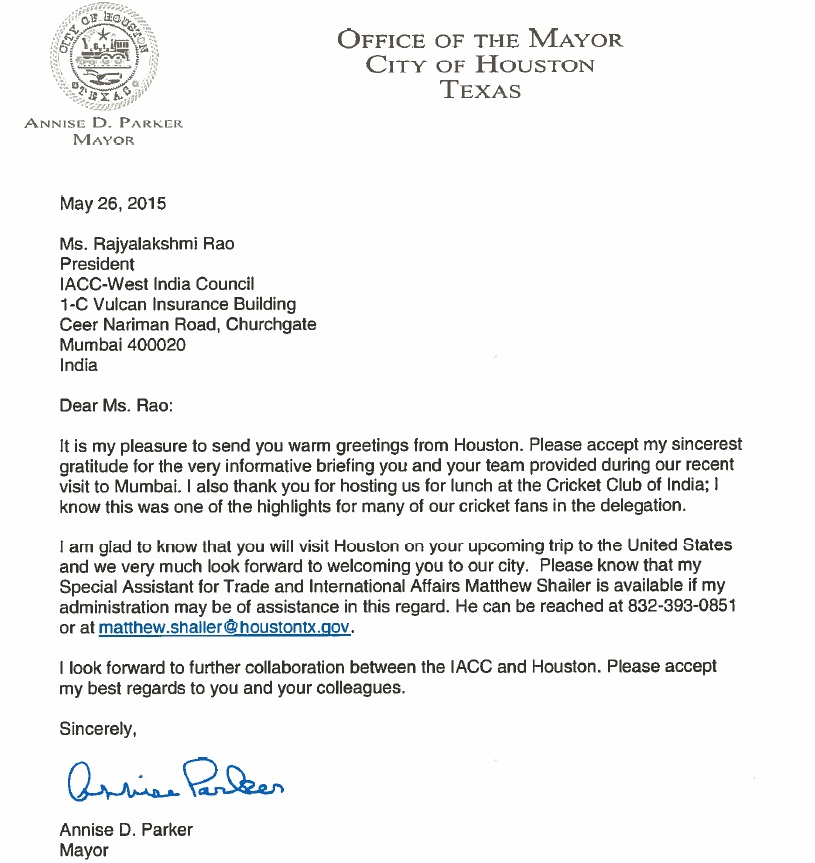 Letter of Appreciation from Annise Parker, Mayor of Houston