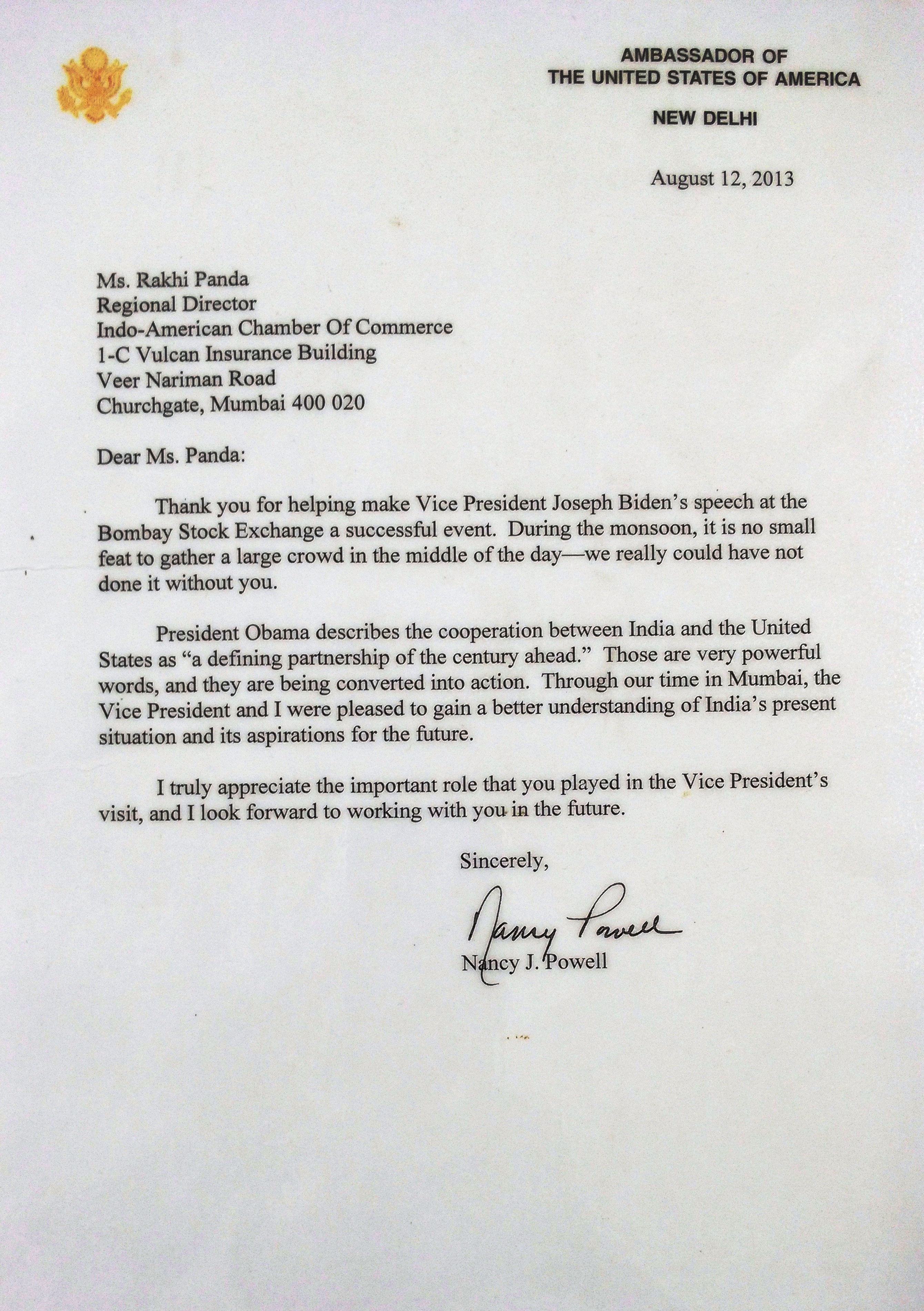 Letter of Appreciation from Former US Ambassador Ms. Nancy Powell